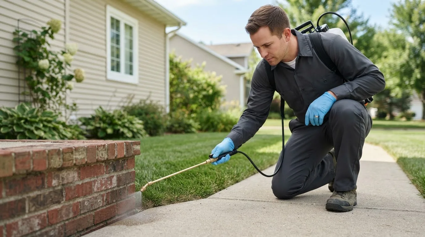 Pest control technician treating a home near Sherman, CT